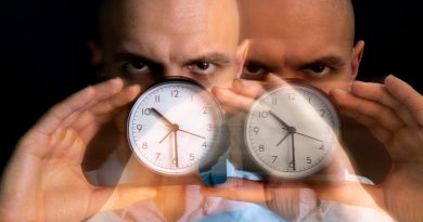 image dédoublé d'un homme tenant une horloge