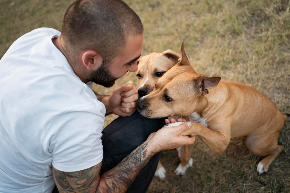 homme avec deux chiens