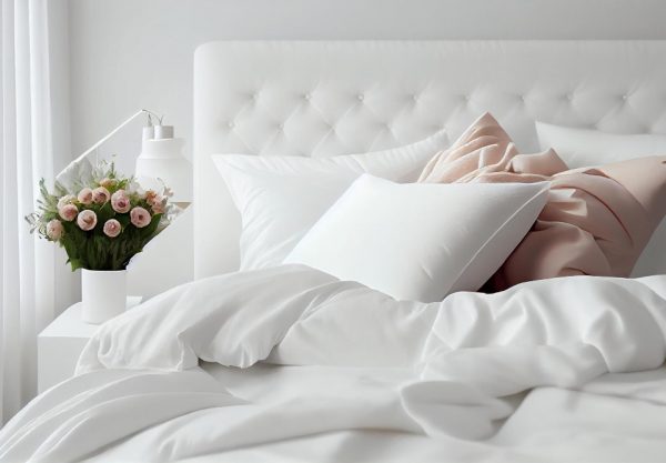 un lit avec une couette en plume