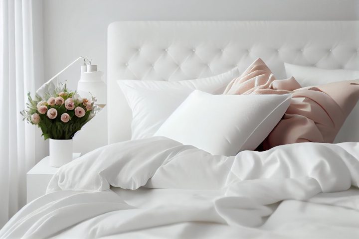 un lit avec une couette en plume