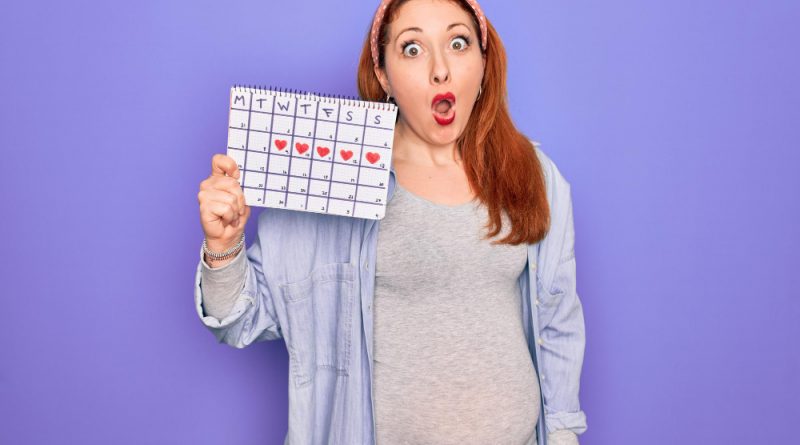 femme enceinte le visage choqué tenant un calendrier